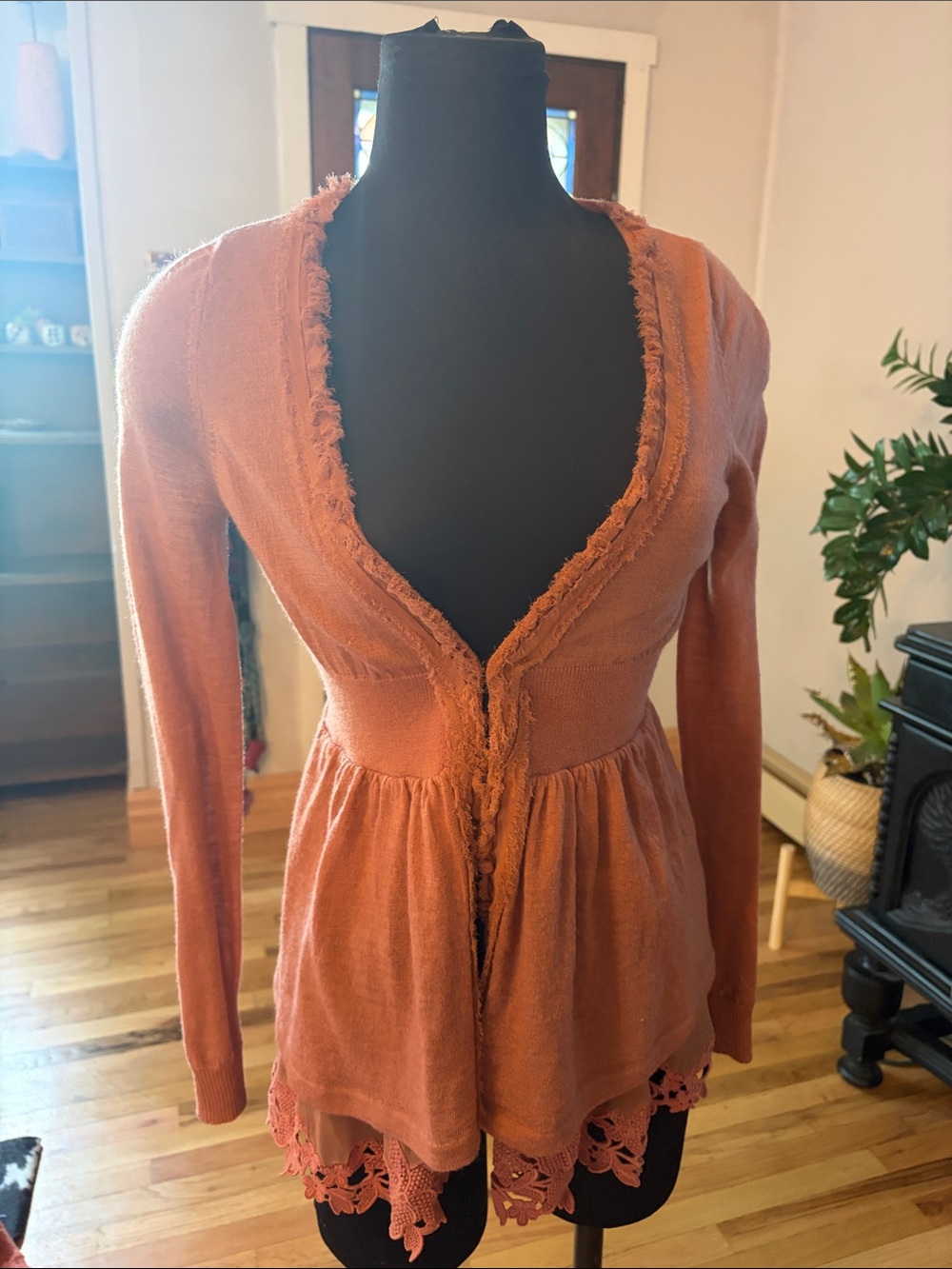 Anthropologie Knitted and Knotted Womens Rust Long-Sleeve Peplum Cardigan